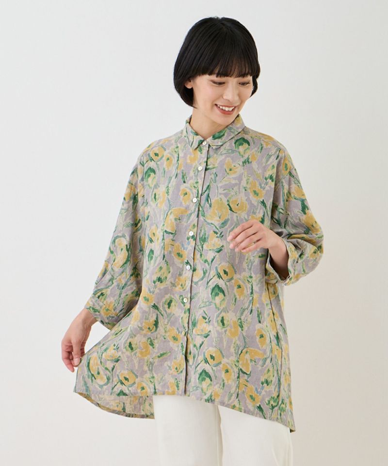 mur-mur(マーマー)水彩フラワープリントリネン7分丈パプスリーブシャツ