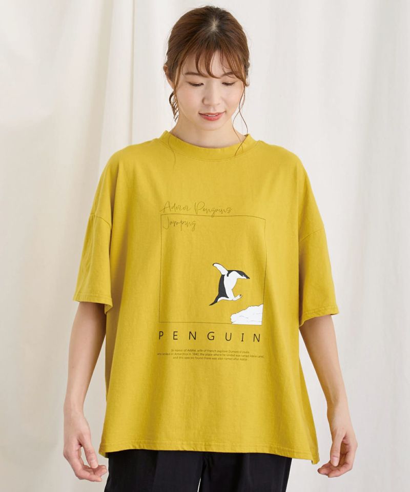 アデラーペンギンプリントTシャツは、リアルなペンギンのイラストが愛