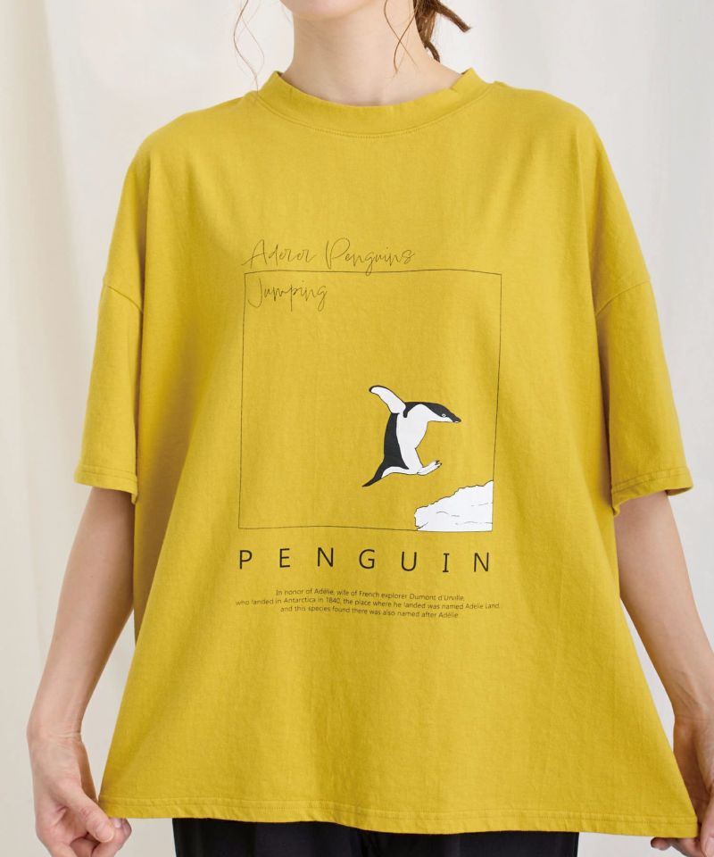 アデラーペンギンプリントTシャツは、リアルなペンギンのイラストが愛